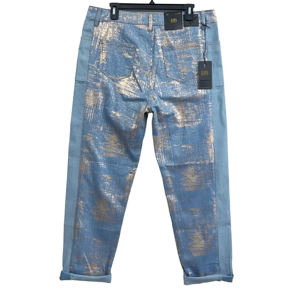 L&B Lucky & Blessed Boyfriend Jeans Gold Leaf Panel Light Wash Women's Size 14 - Picture 2 of 9